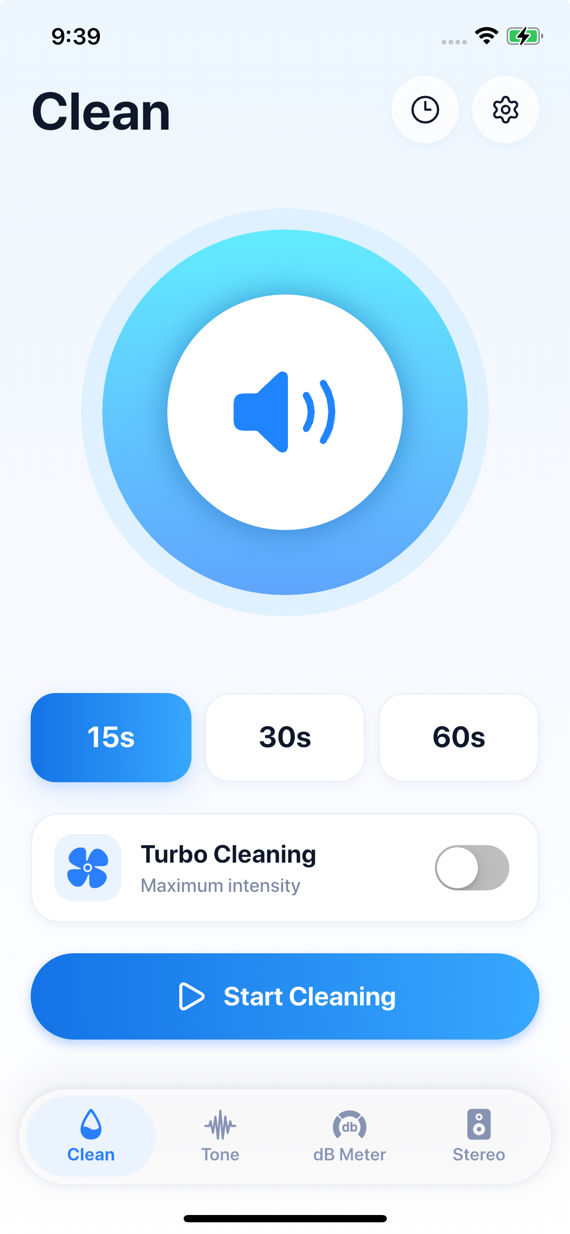 Speaker Cleaner Clean screen: 15s, 30s, 60s, Turbo Cleaning and Start Cleaning